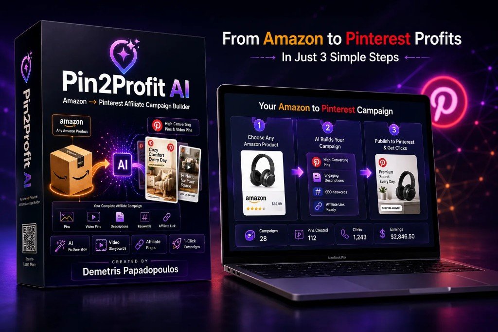 Pin2Profit AI — Amazon to Pinterest affiliate campaign builder software box and dashboard